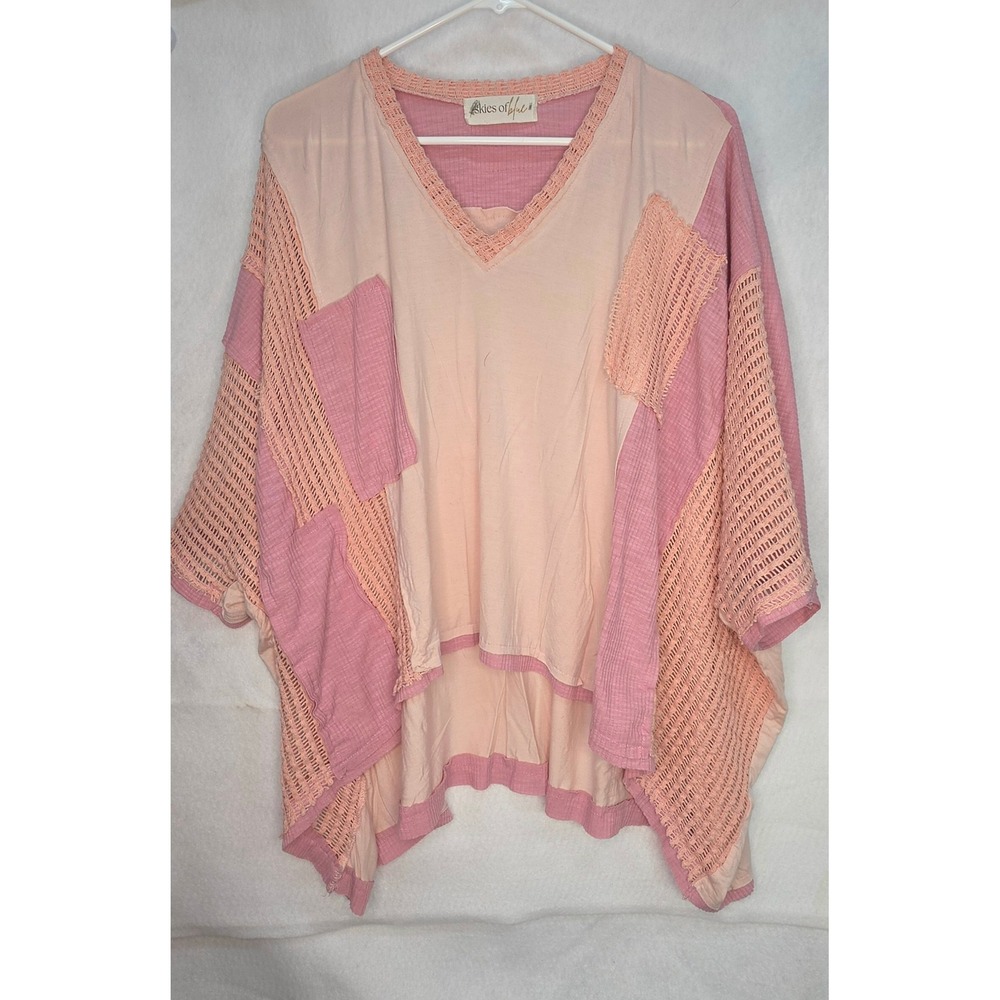 Skies of Blue Pink Patchwork Boho Crochet V-Neck Oversized Top Small